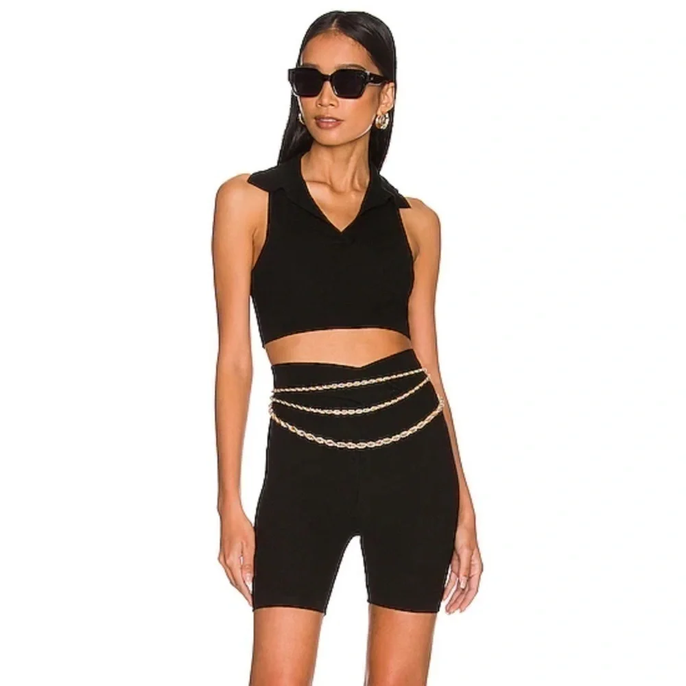Revolve All the Ways Valerie Black Ribbed Knit polo top Sz M Stretch